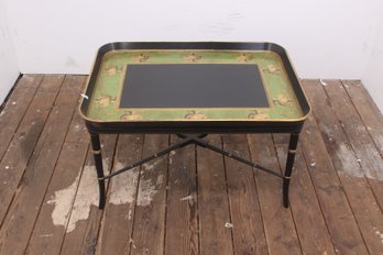 Nininger & Co. Rectangle Black , Green, Ivory Tray On Stand With Gold Borders