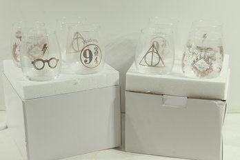 2 Boxes Of Harry Potter Stemless Wine Glasses, Set Of 4 - Gold Symbols And Designs - Glass - 17 Oz