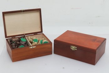 2 Sets Of Chess Pieces In Wooden Storage Boxes