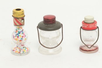 3 Small Glass Candie Containers - Full 'horn Style With Tin Whisle Top, 2 Lantern Style