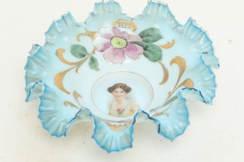 Late 1800 Early 1900 Austria Hand Blown Hand Painted Art Glass Bride's Basket Bowl
