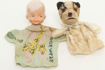 Two Mid 20th Century Hand Puppets - Japan Mohair Bull Dog & Hanna Barbara Bam Bam