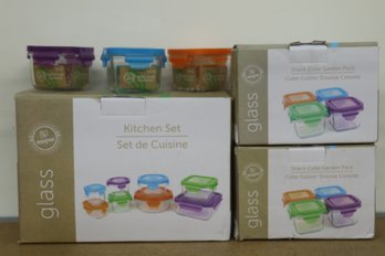 3 Boxes Of (1) Glass Kitchen Set & (2) Snack Cube Garden Party