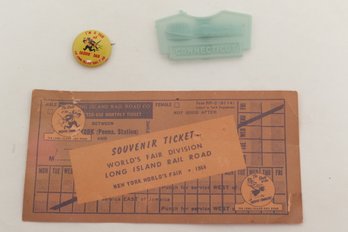 1964 New York Worlds Fair Memorabilia - LI Rail Road Ticket & Pinback With Connecticut Pin