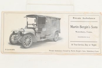 Early 1900 Martin Bergin's Sons Waterbury, CT Blotter - Locomobile Ambulance Hurst
