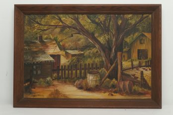 1964 Framed Oil On Board Painting 'Out Back'  By Artist Edith E. Higle (Chester Vermont)