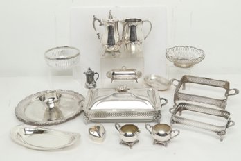 Large Lot Of Silver Plate ~ Platters, Pitchers, Baking Dish Holder, Creamer & Sugar Bowls & More