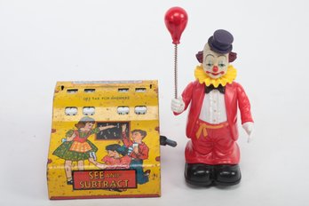 Vintage 'See & Subtract' Wolverine Mechanical Tin Toy Along With China Made Clown