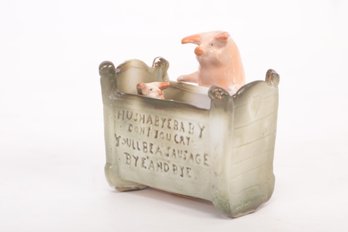 Antique German Pink Faring Pigs In Cradle