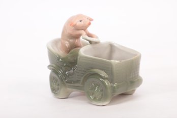 Antique German Pink Faring Pig Driving Car