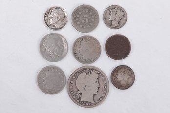 Assorted Grouping Of U.S. Coins: 1907 Half Dollar, Mercury Dimes, Indian Head Penny & More