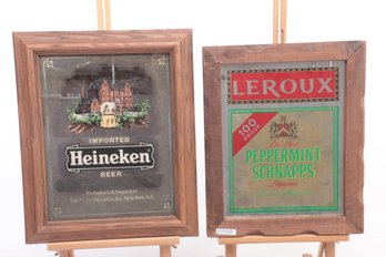 2 Vintage Wood Framed Bar Advertising Mirrors: Leroux & Heineken