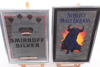 2 Vintage Metal Framed Bar Advertising Mirrors: Smirnoff & Schlitz