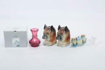 Miscellaneous Grouping Of Glass/Decorative Items Including Bulldog Book Ends