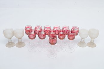 Grouping Of Antique Bohemian/Czech Crystal Cranberry Glasses W/Hollow Stemmed Wine Glasses