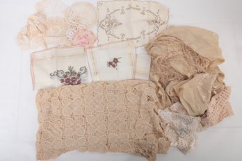 Group Of Vintage Embroidered Napkins And Large Lace Or Crochet Tablecloth