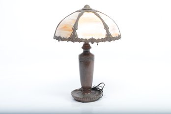 Beautiful Antique Slag Glass Bronze Clad Table Lamp - Lamp Base Signed