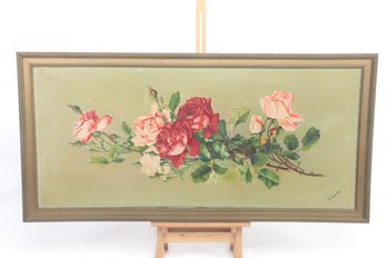 Antique Oil Painting On Canvas Of Roses Signed E. Laczko