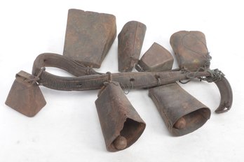 Group Of Antique Cow Bells Mounted On Leather Strap