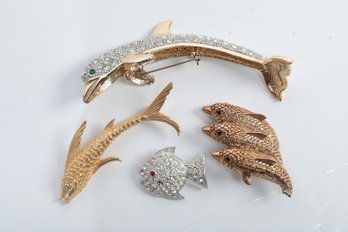 4 Vintage Figural Rhinestone Brooches ~ Fish & Dolphins