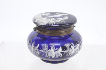 Antique Cobalt Blue Glass ' Mary Gregory' Lidded Jar With Enameled Decoration