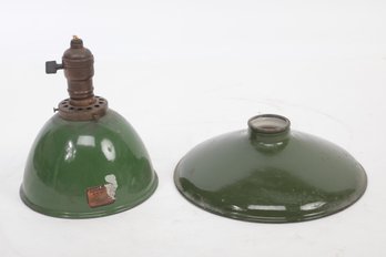 2 Antique Green Porcelain Industrial Pendulum Light Shades (one Has Original 'GOODRICH' Label