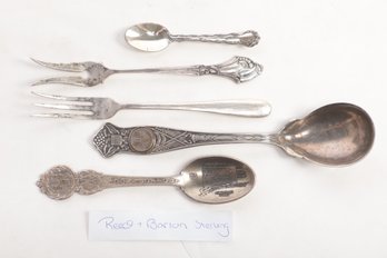 Antique Reed & Barton Sterling Spoon Pin, 2 Sterling Forks & 2 Decorative Collector Spoons