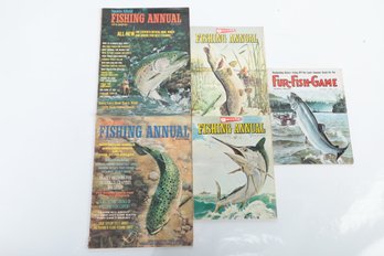 4 Vintage 1970s Fishing Annual Magazines & (1) 1969 Fur-Fish-Game Magazine