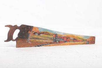 Antique Hand Painted Train Scene On Disston Saw