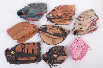 Grouping Of 8 Pre-Owned Baseball Gloves (Mostly Adult, 2 Child, & 1 Catcher)
