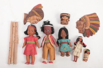 Grouping Of Vintage Native American Dolls & Decorative Wall Hanging Ceramic Heads & More
