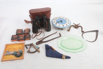 Mixed Vintage & Antique Box Lot: Vtg Binoculars, Tools, Vtg Porcelain Clock Face & Much More!!