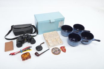 Mixed Box Lot: Antique Salt Cellars, Stoneware Soup Bowls (New), Vintage Smoking Pipes & More