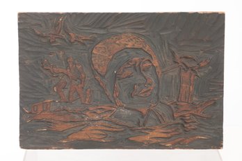 Antique Woodblock Carving Showing Famous Swimmer Gertrude Ederle