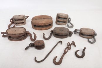 Large Lot Of Antique Block & Tackles & Cast Iron Hooks ~ Some XXL Block & Tackles!!!