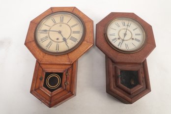 2 Antique Wood Cased Wall Clocks For Parts/Repair: 1 Waterbury Clock Co & Other Is Unbranded