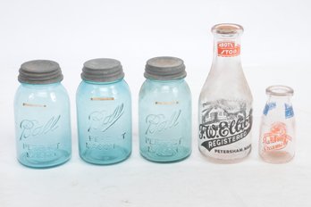 Grouping Of Antique Blue Glass Ball Jars & Vintage Dairy Milk Bottles