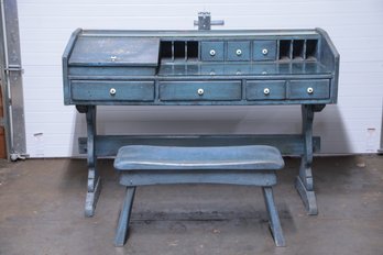 Antique Wood Desk With Small Bench Believed To Be A School Master's Desk