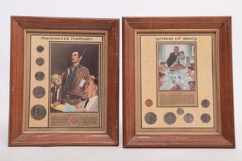 Group Of Vintage US Coins Framed In Commemorative Displays - Presidential Portraits And Symbols Of Liberty