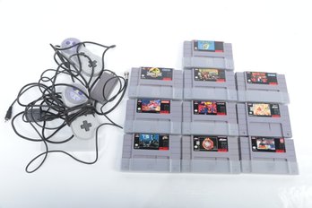 Super Nintendo Game Lot W/Controllers ~ 10 Games: Super Mario Bro, Donkey Kong Country 2 & More