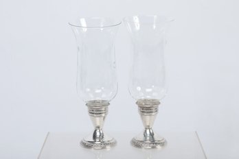 Pair Of Weighted Sterling Silver Candle Bases W/Etched Glass Shades