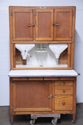 Antique HOOSIER Kitchen Cabinet Complete With Accessories And Paper Inserts