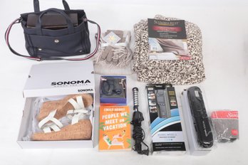 Assorted Lot Of Ladies & Houseware Items: New Heated Blanket, Purses & Handbags, NY & Co Hat/scarves