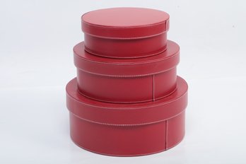 Set Of 3 Red Leather Circular Storage Nesting Boxes