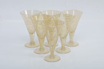 Set Of 6 Vintage Art Deco Fluted Glasses W/Yellow Textured Rings