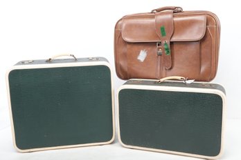 3 Vintage Suitcases ~ 2 Green W/Cream Trim & Brown Leather