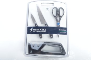 Henckel 5 Piece Prep Set - 2 Knives, Scissors, Sharpener, And Cutting Board - NEW