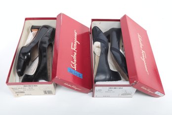 2 Pairs Of Ladies Salvatore Ferragamo Shoes 'Midnight Kid & Nero Patentcalf' Size 9 In Boxes