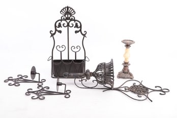 Group Of Metal Household Decorative Items - Wall Sconces, Hanging Mail/magazine Basket, Candleholder
