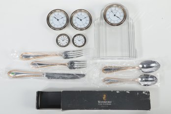 Waterford Crystal Clock (w/Extra Faces) & 5pc 'Lismore Gold' Flatware Set